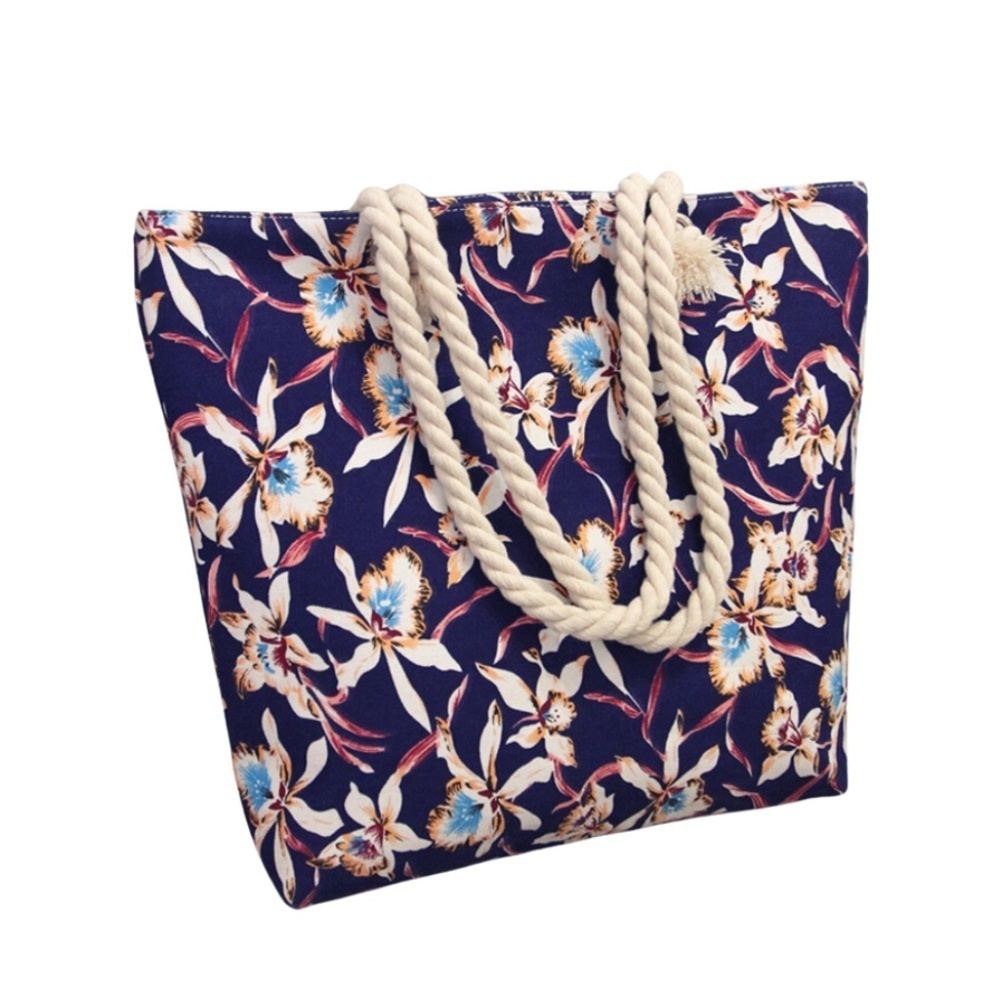 Navy Floral Beach Tote with Rope Handles – Tropical Summer Bag for Pool, Travel,
